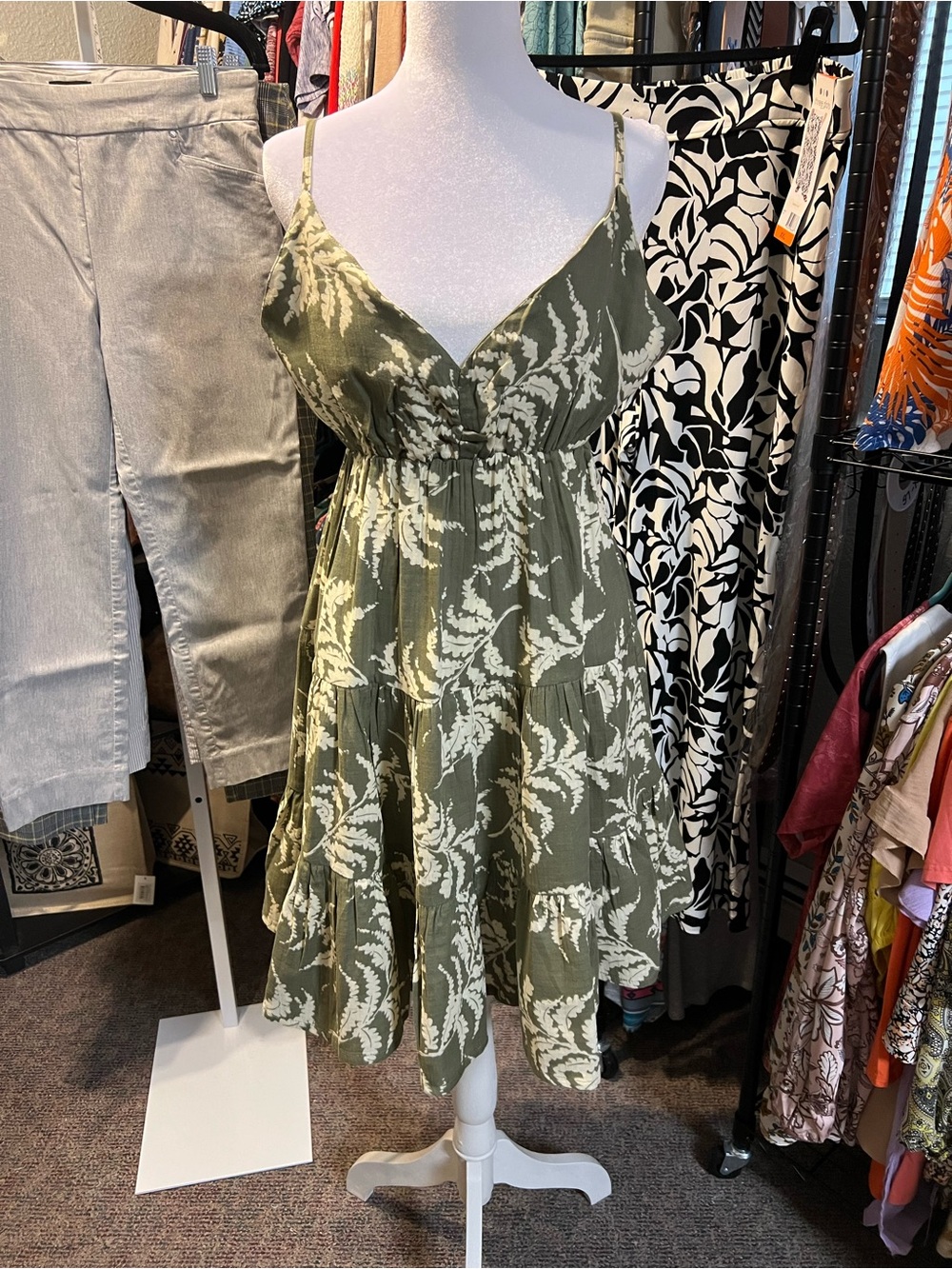 Sacred Threads Olive & White Floral Tiered Spaghetti-Strap Dress